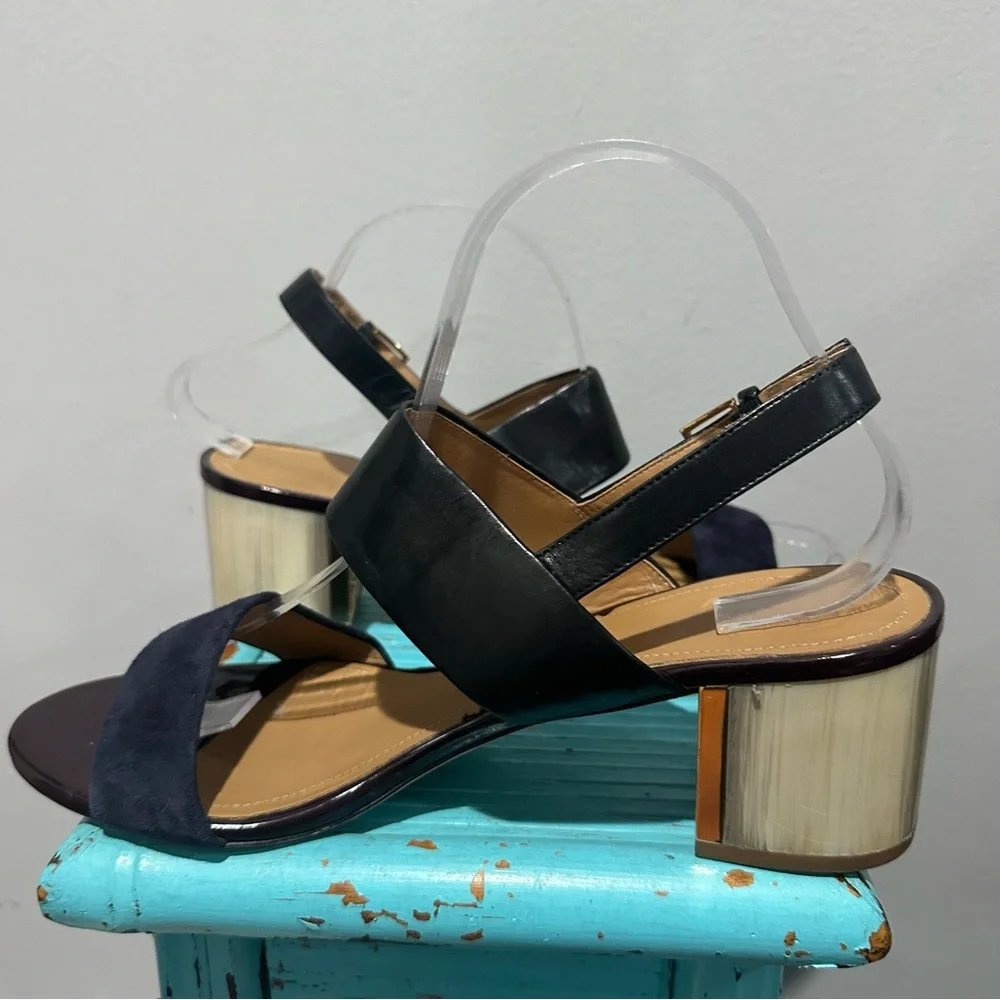Tory Burch Gigi T Logo Black Midnight Blue Leather Sandal Size 9.5